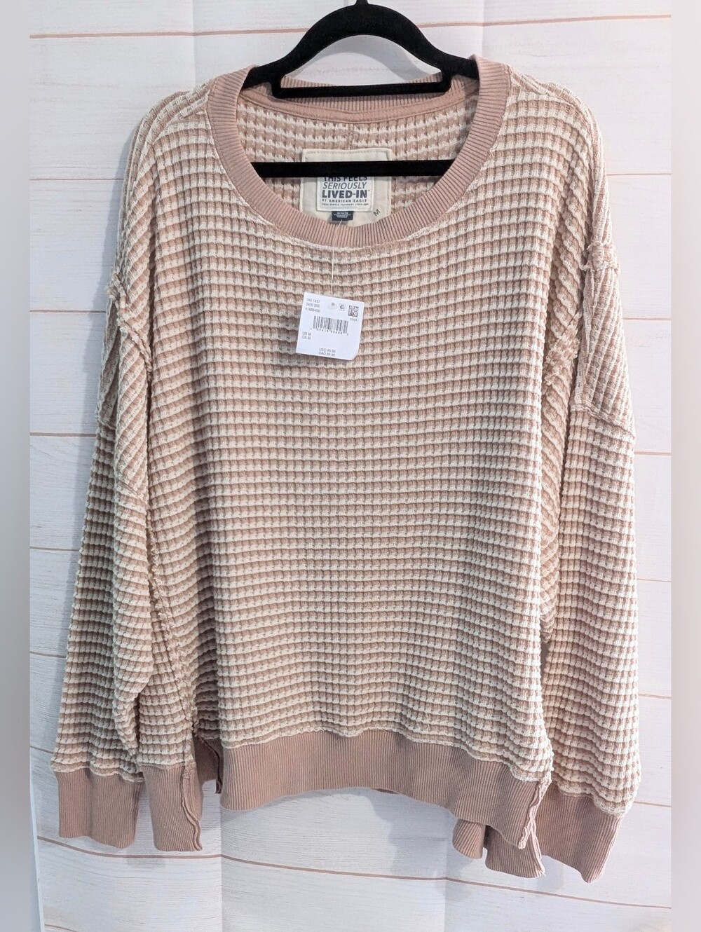 Nwt American Eagle Outfitters Waffle Crewneck Sweater Raw Seams Oversized Fit